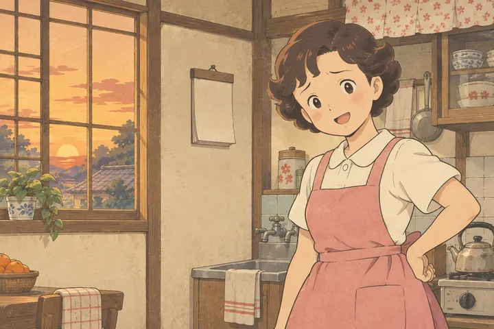 夕方の台所で、エプロン姿のママがこちらを向いてほほえんでいる