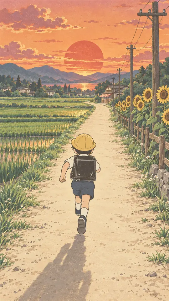 夕焼けの田んぼ道を走っていく子どもの後ろ姿