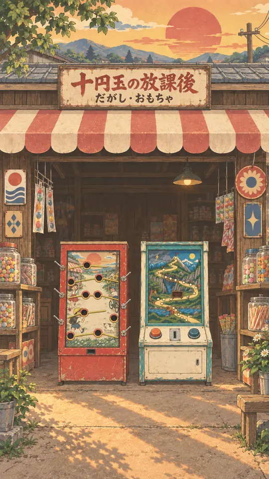 赤白の日よけがかかった、駄菓子屋の店先