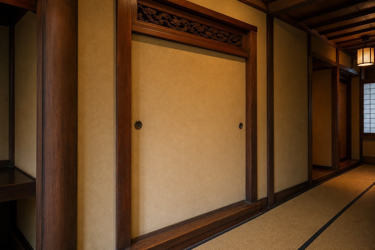 客室入口は壁で塗り込められているが、木製の門型枠、敷居、欄間、取手だけが残り、扉の形を保つ。