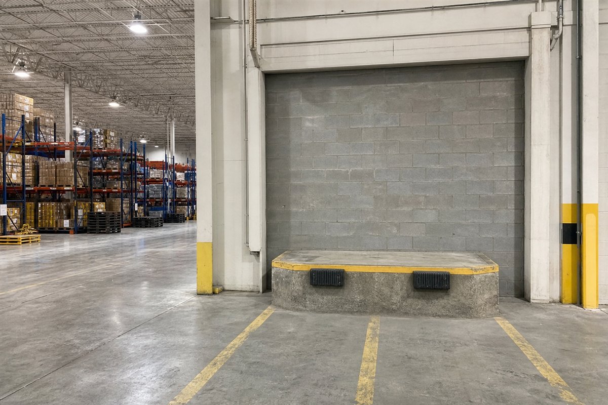 一メートル高いコンクリート荷役ホームとバンパーが、塞がれた大型シャッター跡のブロック壁へ向いて残る。床に旧車路の線が見える。