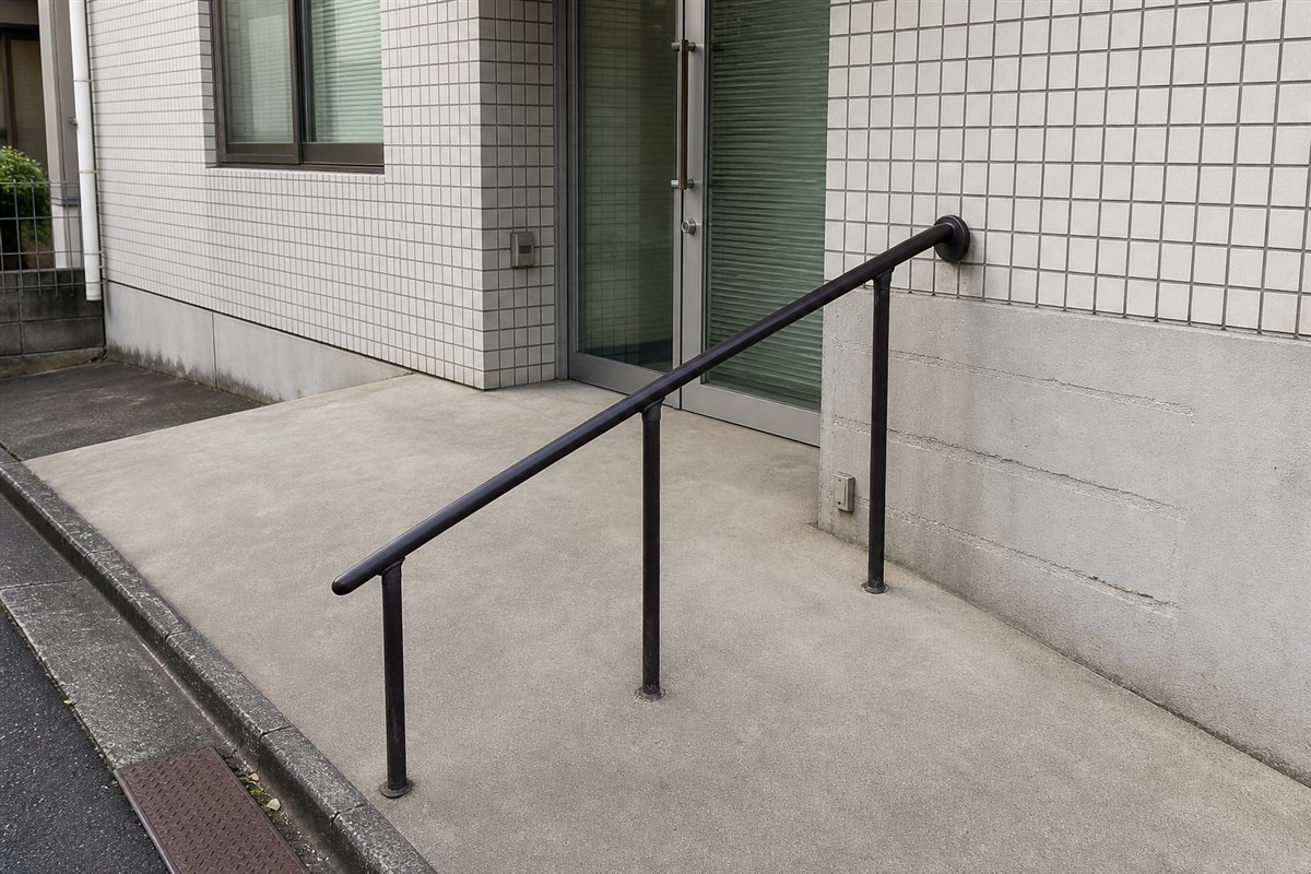 地面は緩やかな平面に作り直されたが、昔の三段階段に沿っていた斜めの鉄製手すりだけが残る
