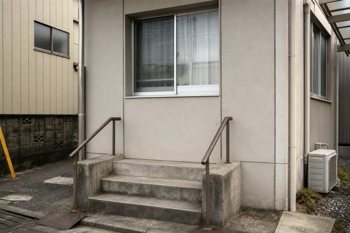 三段の玄関階段と両側の手すりが残っているが、入口だった位置には新しい腰高窓が取り付けられている